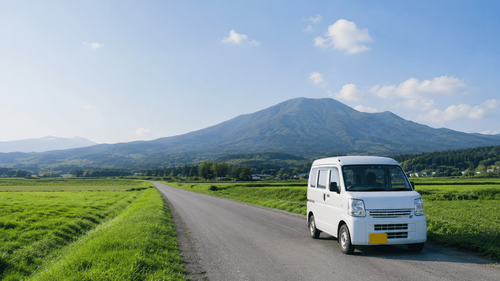 田園風景の道路に停車する軽貨物配送車両