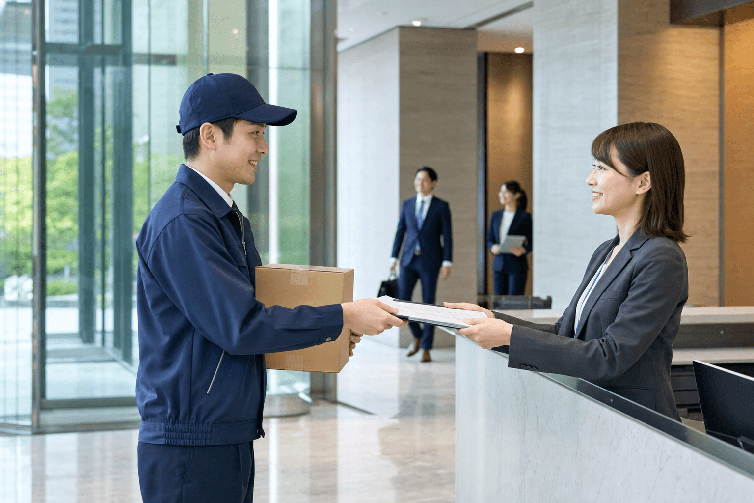 書類と荷物を手渡す配送スタッフ